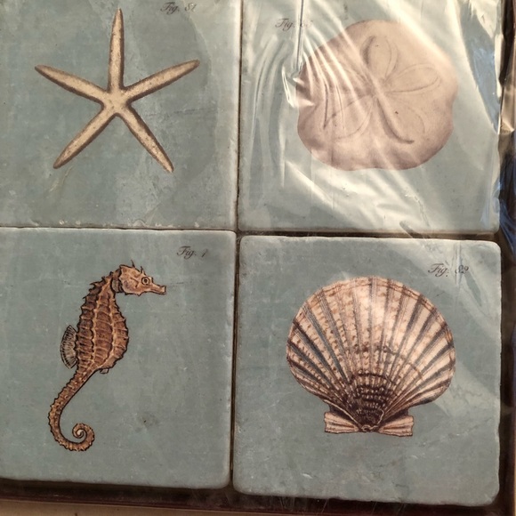 New NIB four marble coasters blue with shells with cork backing Screencraft - Picture 1 of 7
